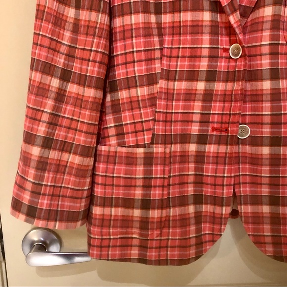 Talbots Coral Plaid Blazer with 3/4 Sleeves - Picture 4 of 7